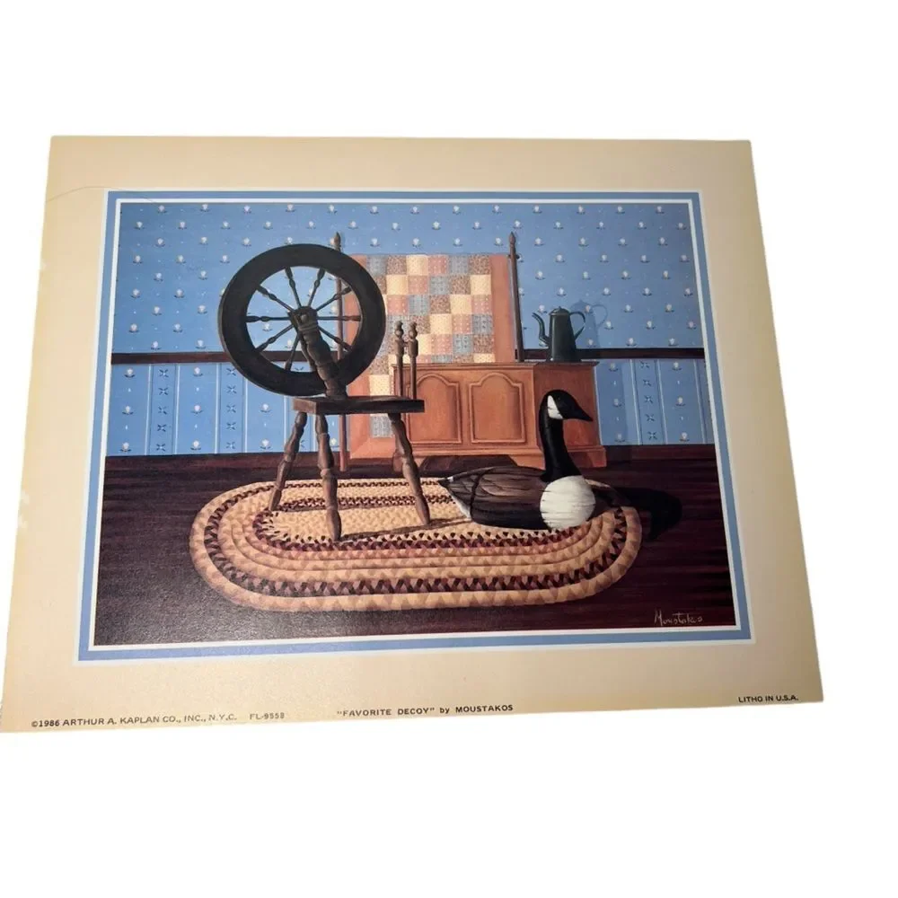 Vintage Moustakos Lithograph Favorite Decoy Framed Spinning Wheel Goose Folk Art